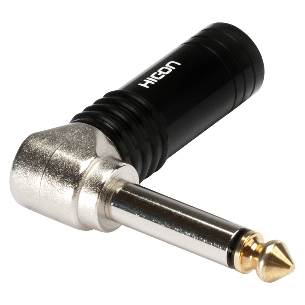 HICON Klinke (6,3mm) 2-pol Metall-Löttechnik-Stecker, Pin vernickelt mit Goldtip, abgewinkelt, schwarz