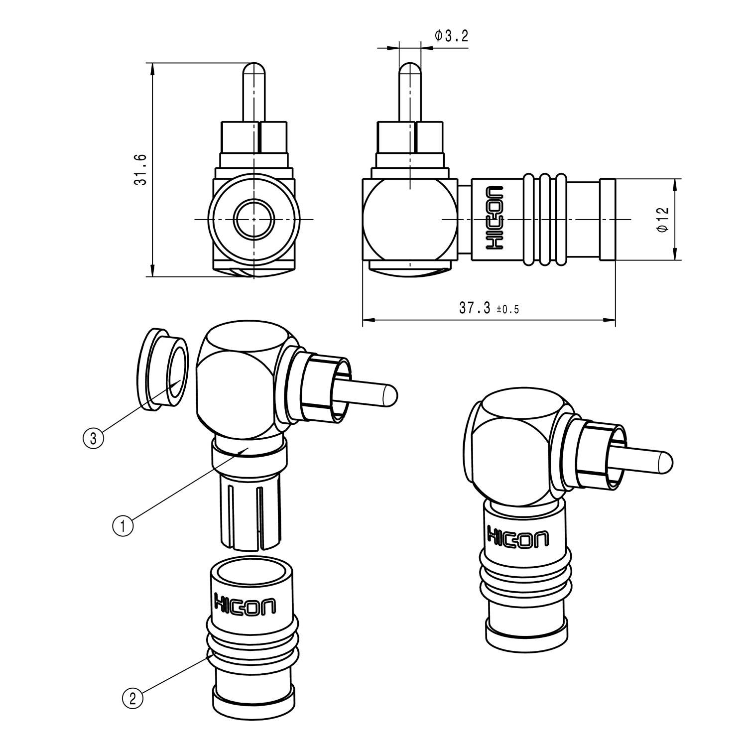 HICON Cinch (RCA) screw & play, 2-pol , Metall-, Schraubkontakt-Kabelstecker, echtvergoldete(r) Kontakt(e), abgewinkelt 90°, schwarz