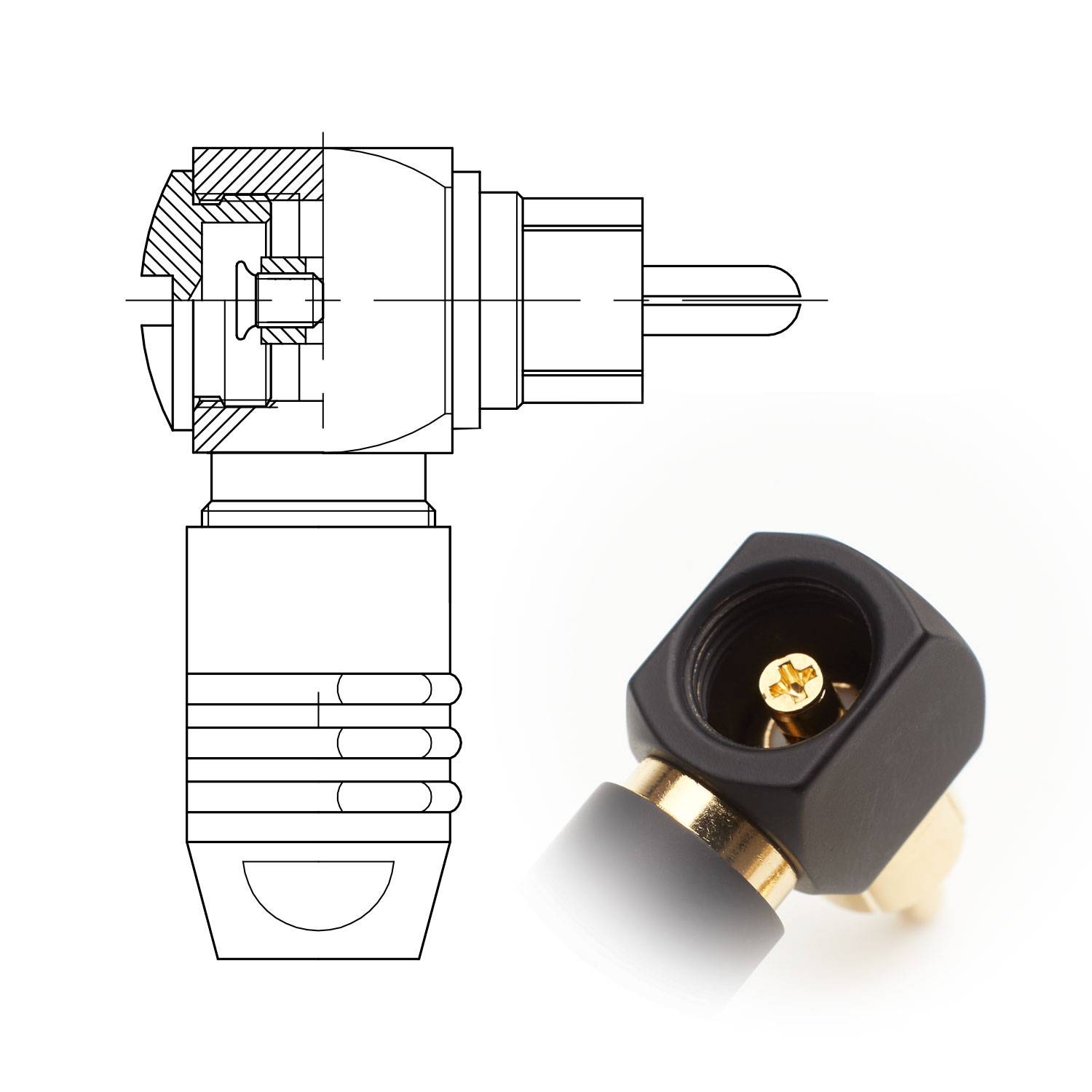 HICON Cinch (RCA) screw & play, 2-pol , Metall-, Schraubkontakt-Kabelstecker, echtvergoldete(r) Kontakt(e), abgewinkelt 90°, schwarz