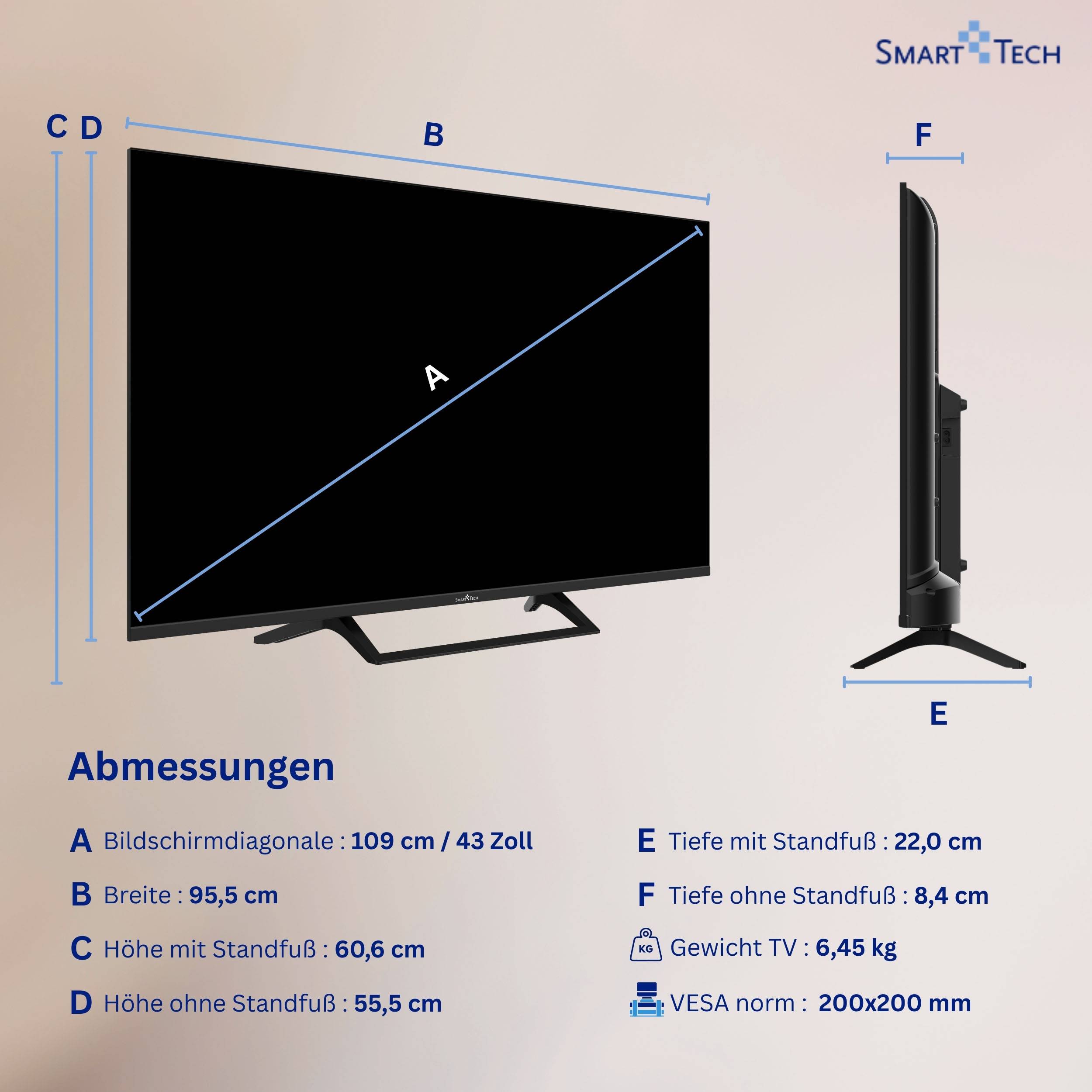Smart Tech QLED Fernseher 43 Zoll Google TV - HDR Smart TV mit 4K UHD, Bluetooth und Triple-Tuner
