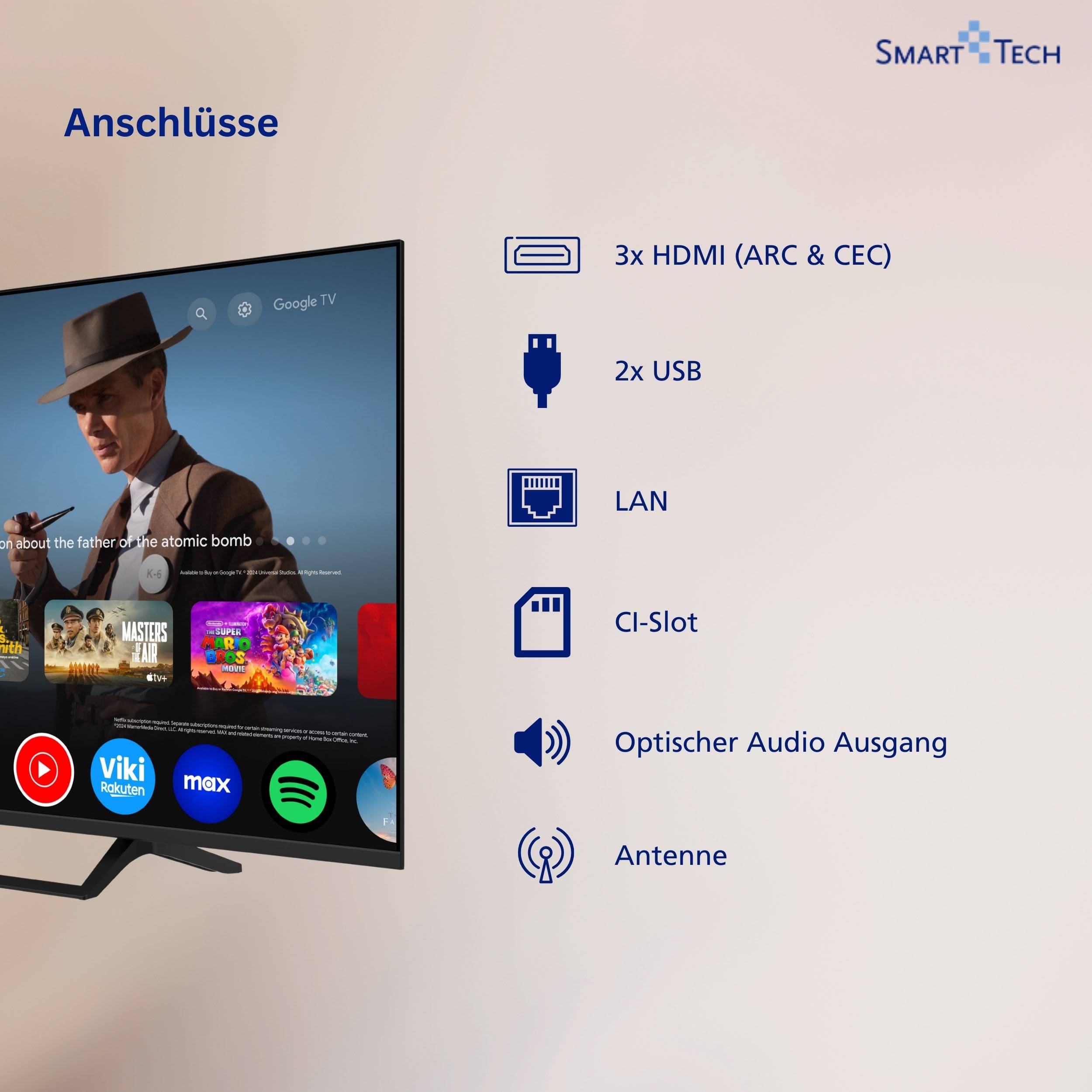 Smart Tech QLED Fernseher 43 Zoll Google TV - HDR Smart TV mit 4K UHD, Bluetooth und Triple-Tuner