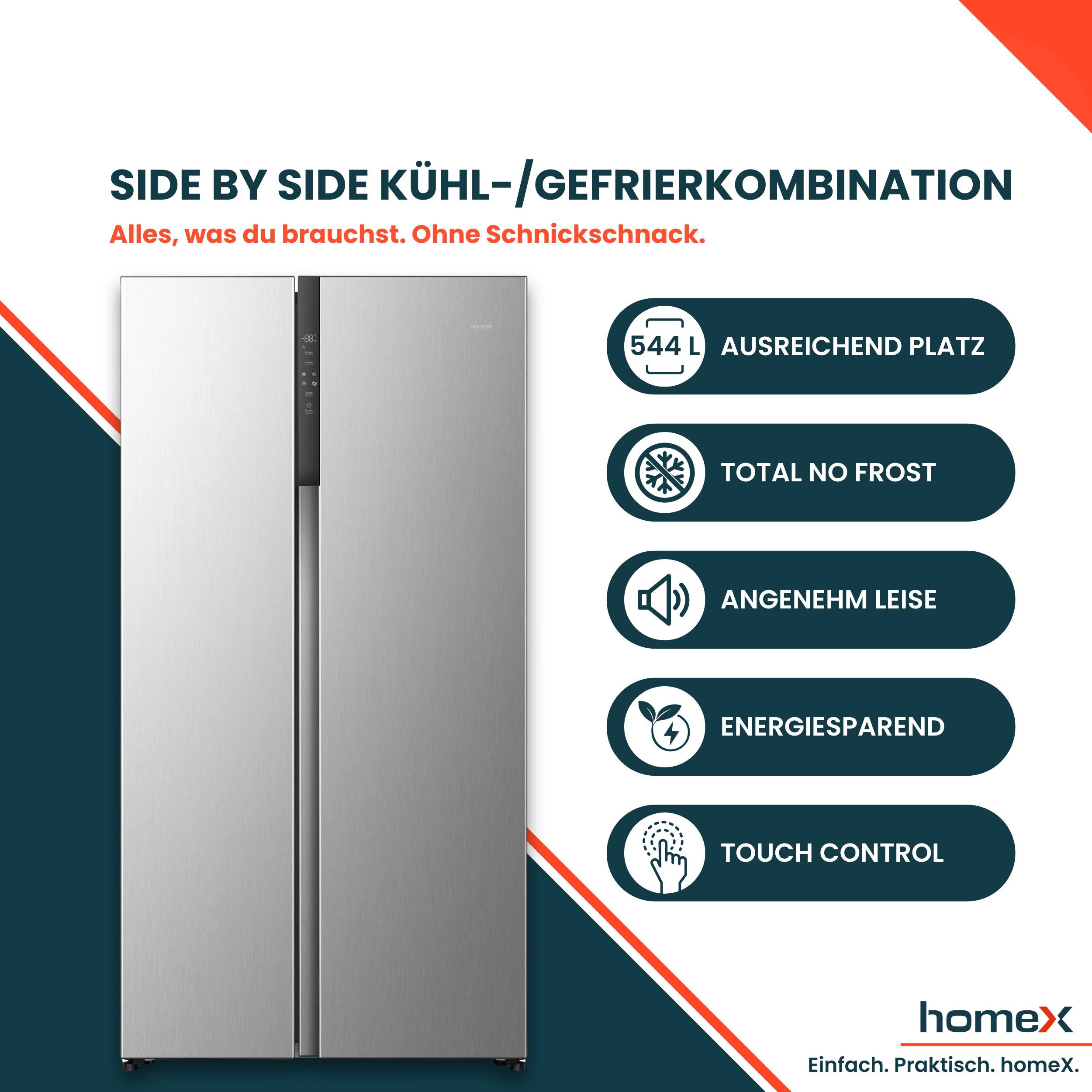 homeX Side by Side Kühlschrank, Kühl-Gefrier-Kombination, No Frost - 544 Liter, Multi Airflow, leise 37 dB, CFBSN5441C-S
