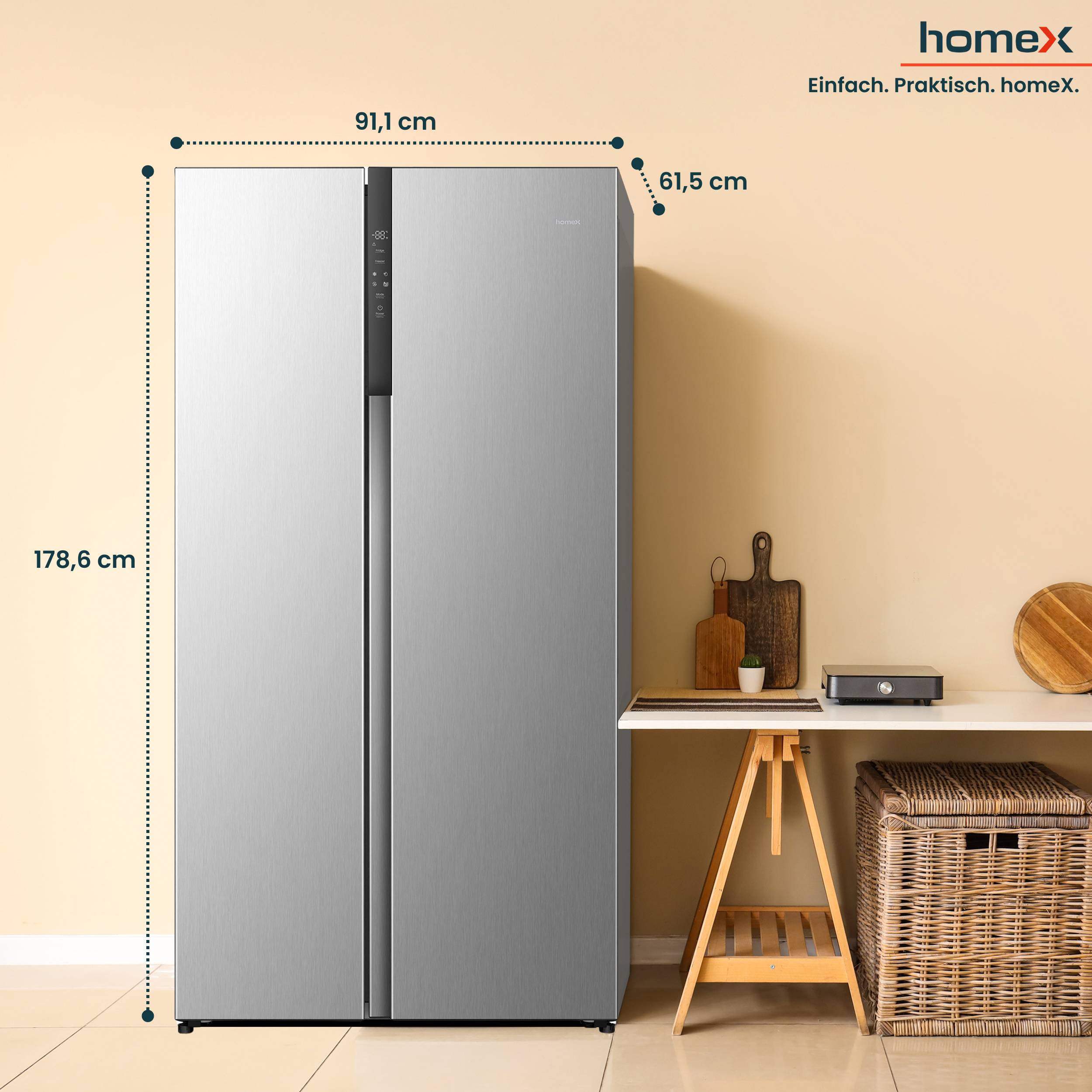 homeX Side by Side Kühlschrank, Kühl-Gefrier-Kombination, No Frost - 544 Liter, Multi Airflow, leise 37 dB, CFBSN5441C-S
