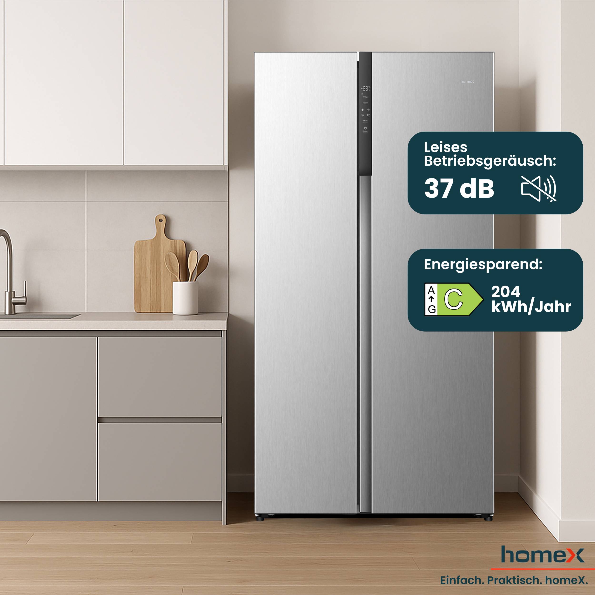homeX Side by Side Kühlschrank, Kühl-Gefrier-Kombination, No Frost - 544 Liter, Multi Airflow, leise 37 dB, CFBSN5441C-S