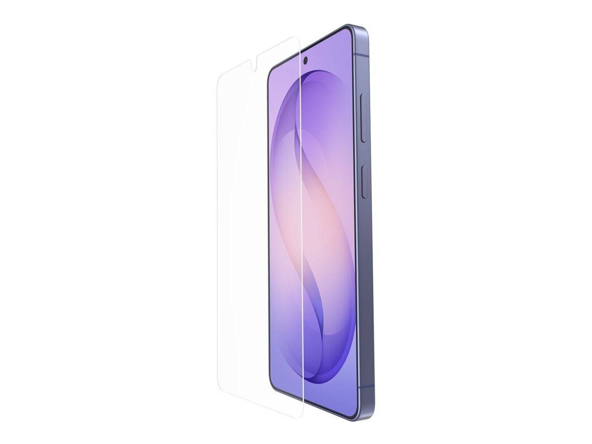 Ein violettes Smartphone in Seitenansicht mit einer transparenten Schutzfolie, die vor dem Display angebracht ist.