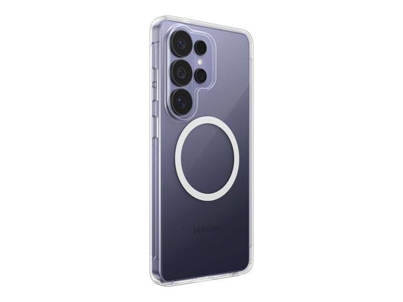 Rückansicht eines violetten Smartphones in einer klaren Schutzhülle, das drei Kameraobjektive und einen großen kreisförmigen Ring im MagSafe-Stil auf der Rückseite zeigt.