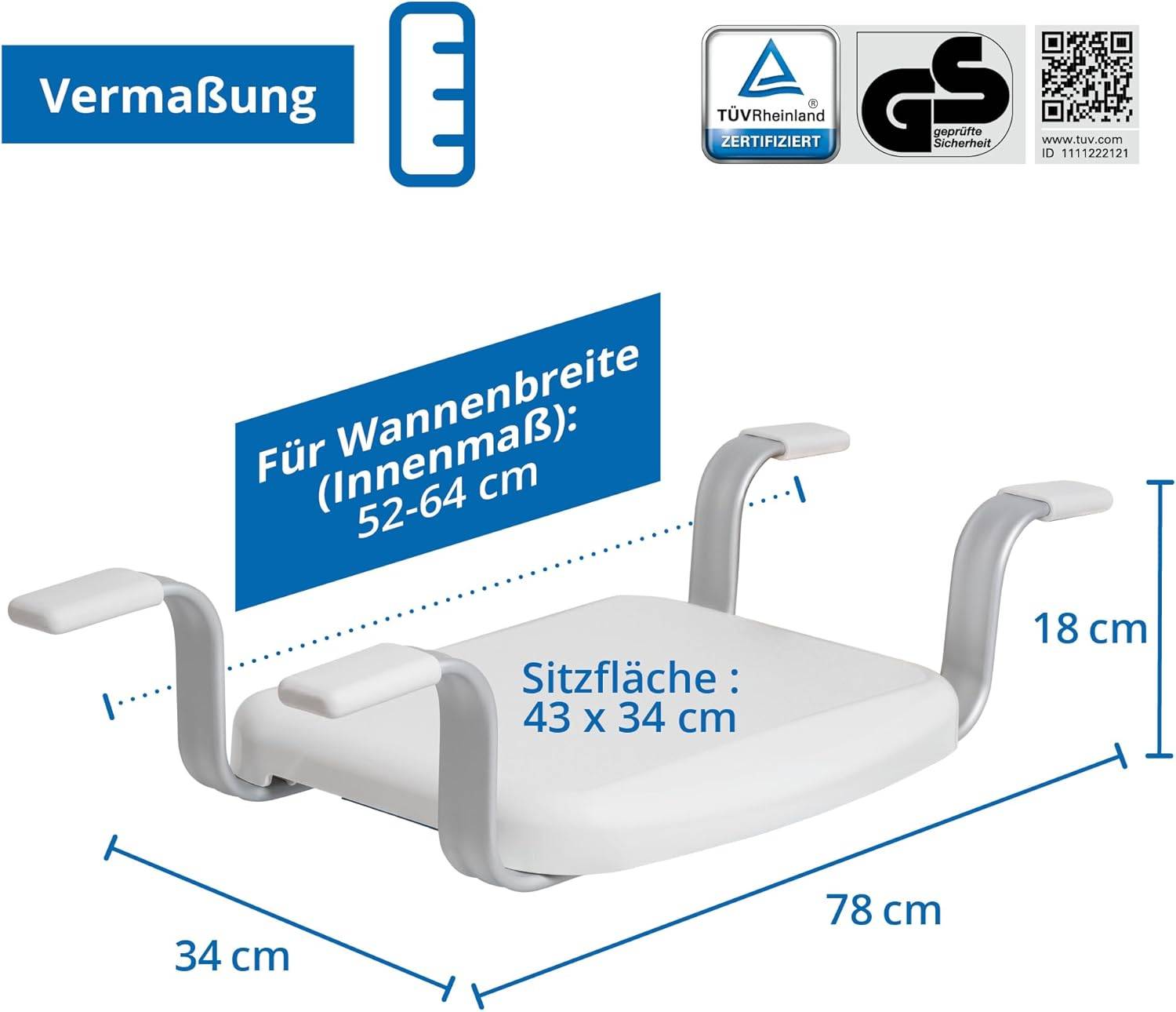 Weinberger Badewannensitz Sitzbrett -150 kg Anti-Rutsch 43909 Weiß B= 52-64 cm