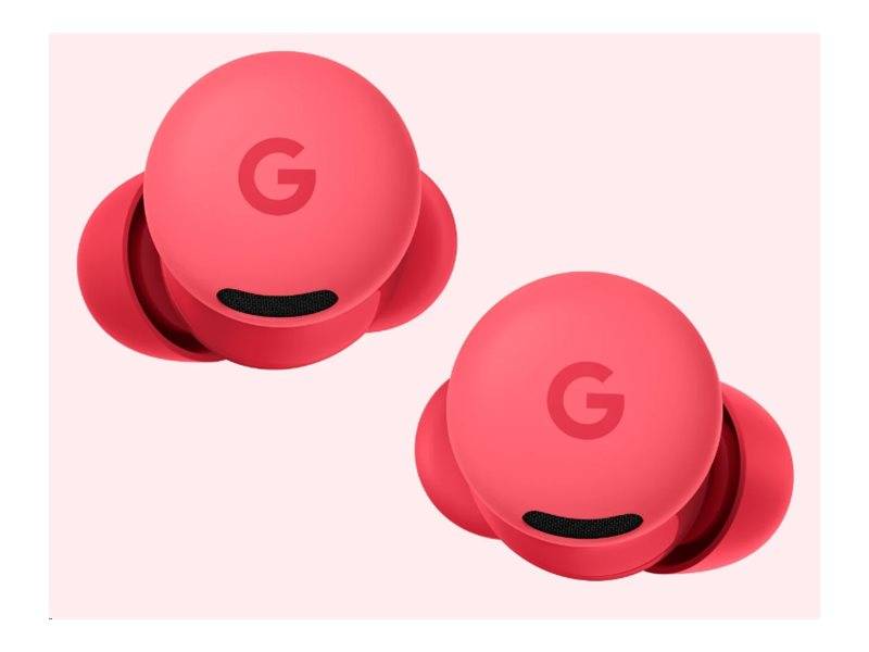 Rote kabellose Ohrhörer mit Ladeetui, mit 'G'-Logo gekennzeichnet, auf hellem rosa Hintergrund.