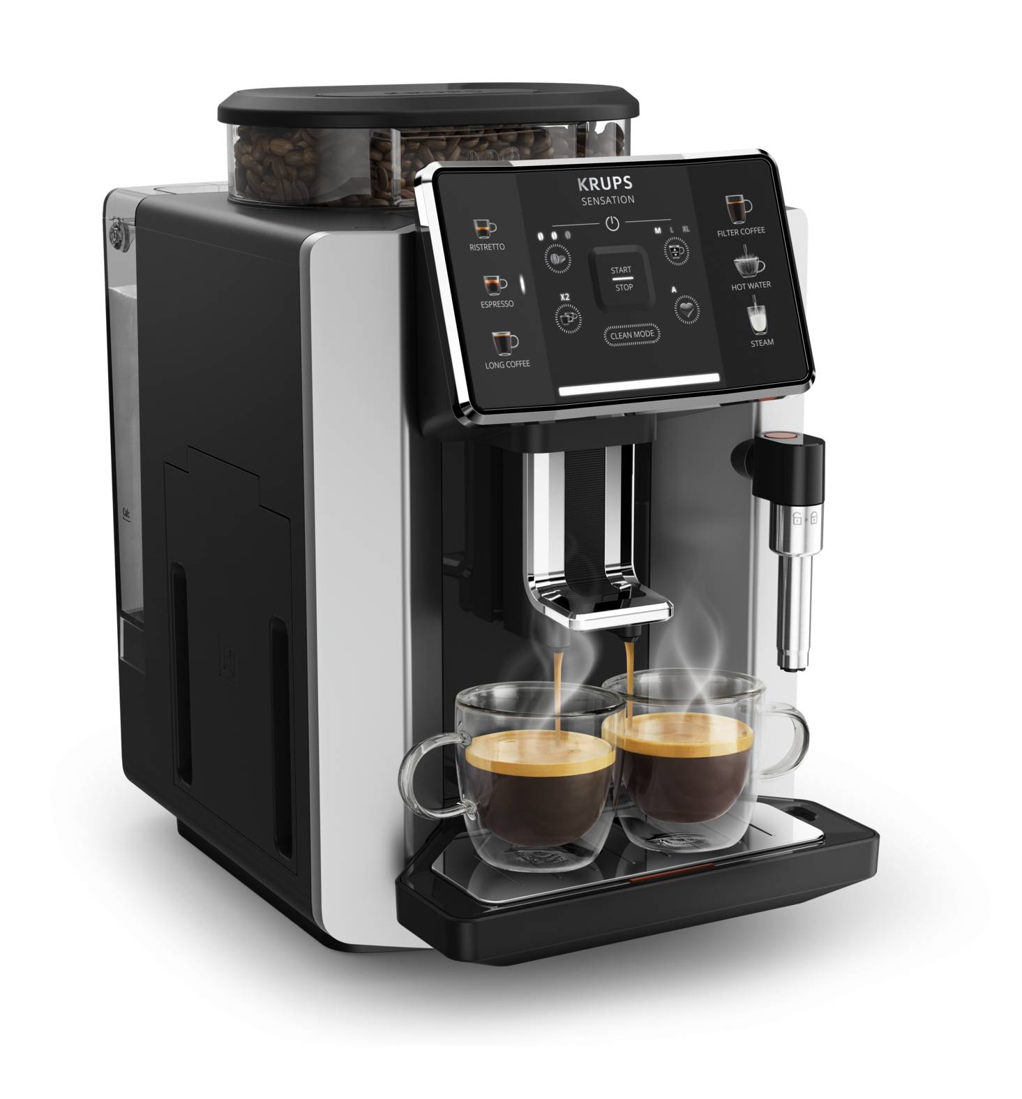 Schwarze und silberne KRUPS-Espressomaschine mit automatischer Funktion, die Kaffee in zwei Glastassen auf ihrem Abtropfblech ausschenkt, mit einem Milchaufschäumer auf der rechten Seite.