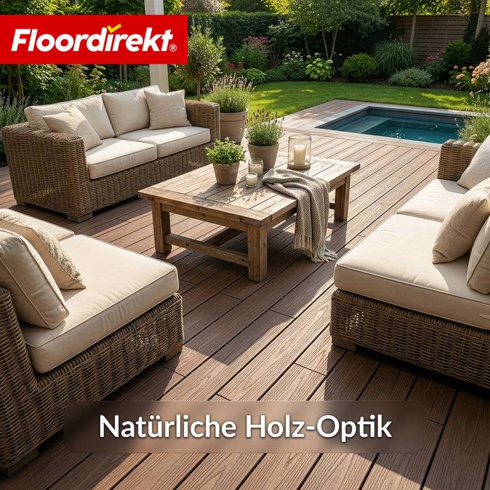 FLOORDIREKT WPC-Terrassendielen Crown - 2 m² Komplettset 220 cm - Beidseitig nutzbar & flexibel erweiterbar - Braun