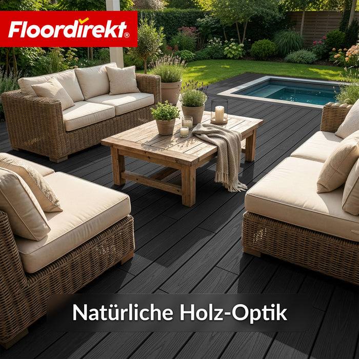 FLOORDIREKT WPC-Terrassendielen Crown - 2 m² Komplettset 220 cm - Beidseitig nutzbar & flexibel erweiterbar - Schwarz