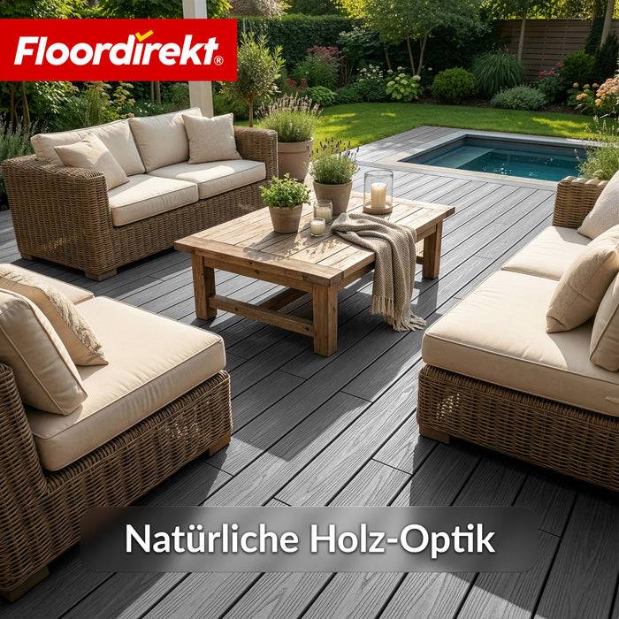 FLOORDIREKT WPC-Terrassendielen Crown - 2 m² Komplettset 220 cm - Beidseitig nutzbar & flexibel erweiterbar - Grau