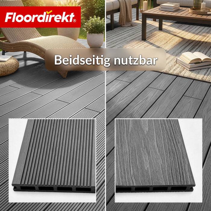 FLOORDIREKT WPC-Terrassendielen Crown - 2 m² Komplettset 220 cm - Beidseitig nutzbar & flexibel erweiterbar - Grau