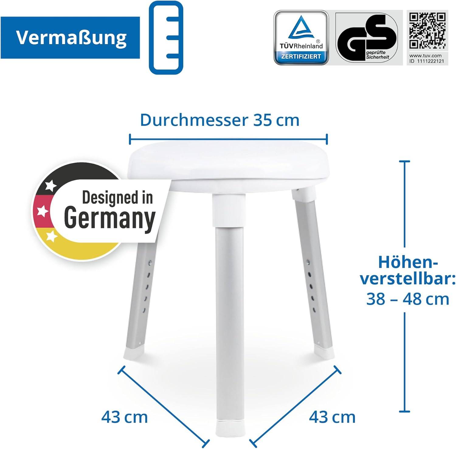Weinberger Duschhocker drehbar Badstuhl Rund 3 Beine höhenverstelbar 48624 Weiß