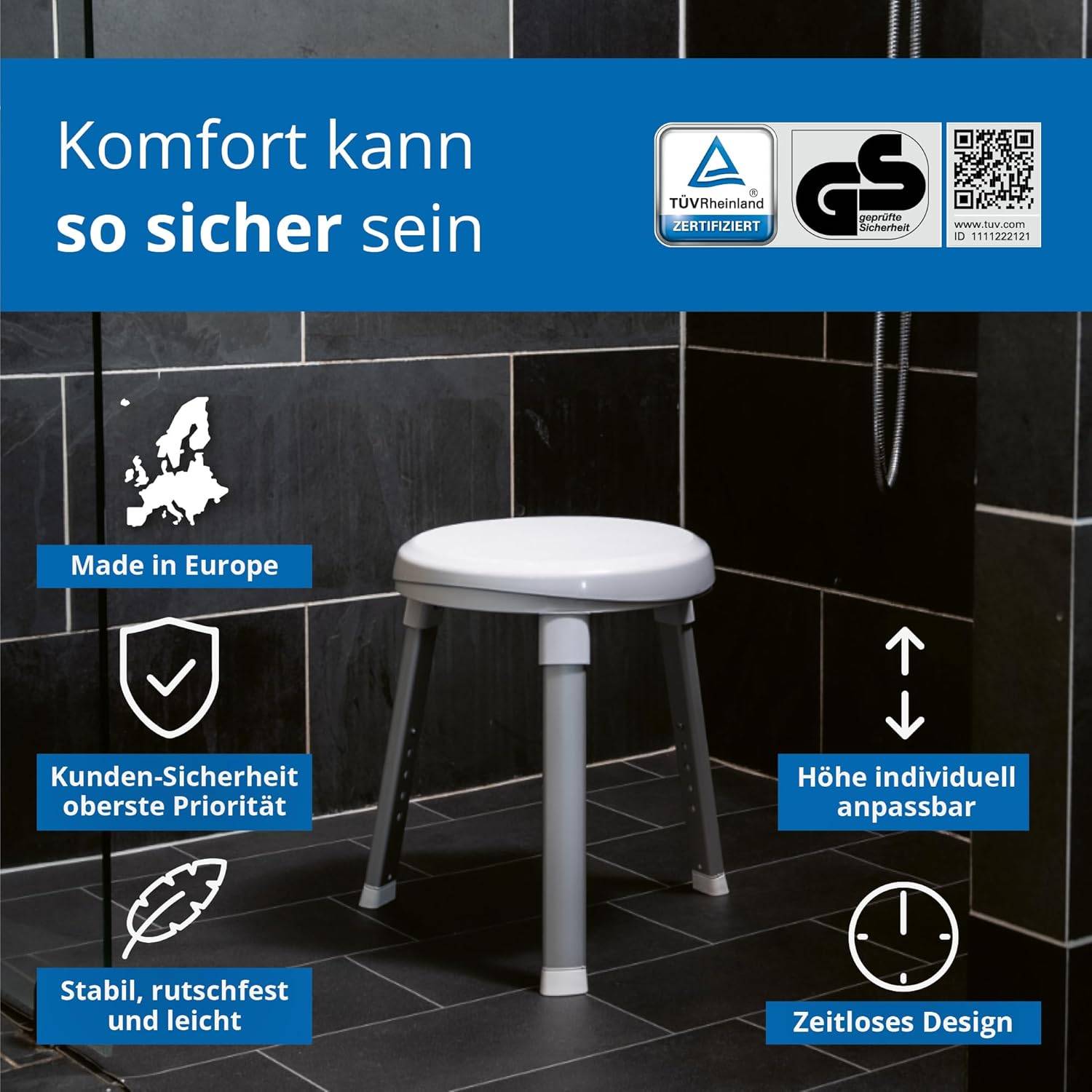 Weinberger Duschhocker drehbar Badstuhl Rund 3 Beine höhenverstelbar 48624 Weiß