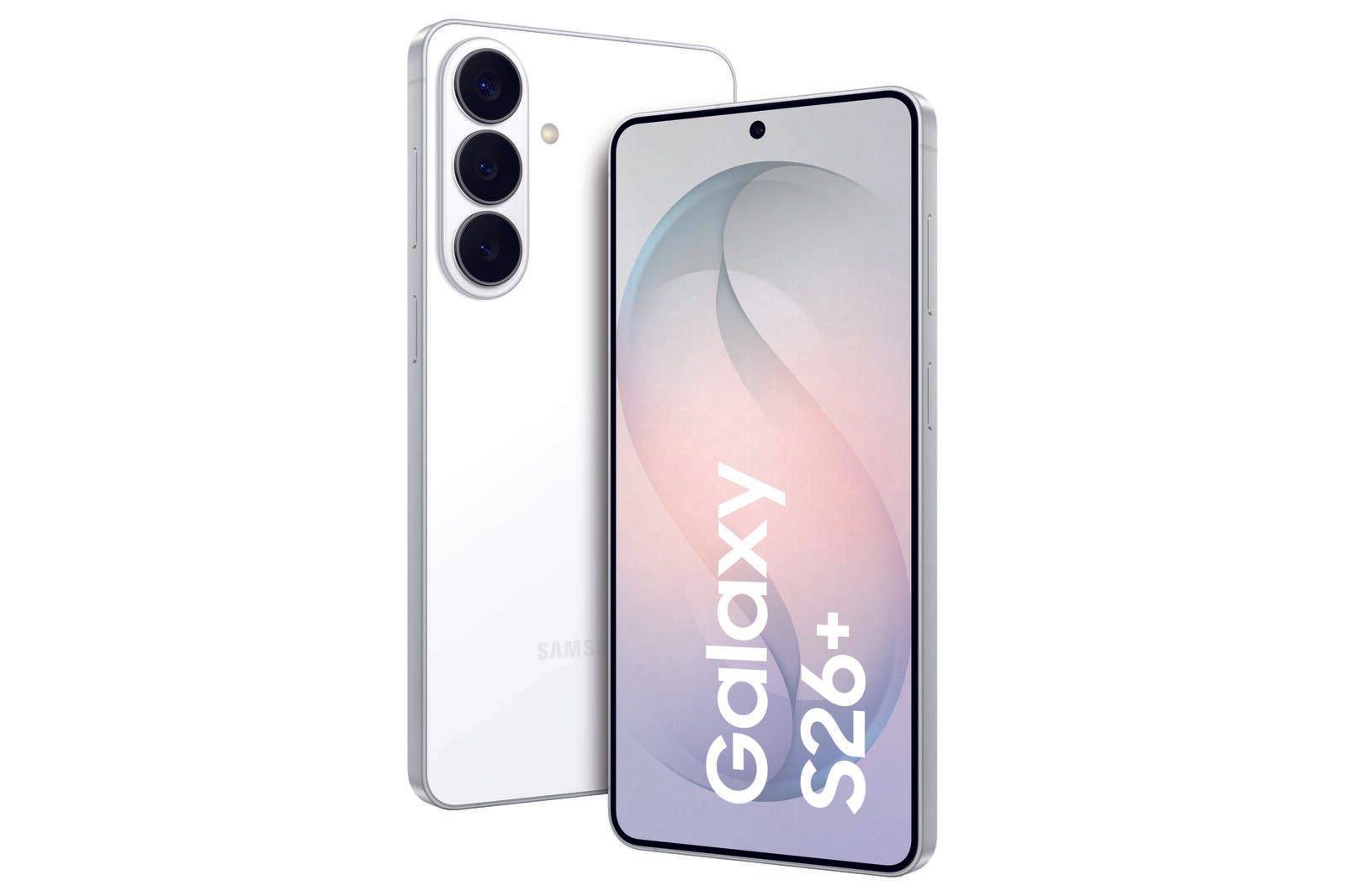 Samsung Galaxy S26+ Smartphone in Weiß von vorne und hinten gezeigt, mit dreifacher Rückkamera und 