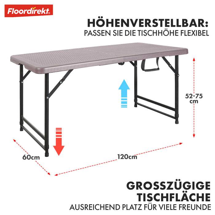 FLOORDIREKT Gartentisch Saga - Für Garten, Terrasse & Events - Höhenverstellbar & Wetterfest - 120 x 60 cm - Braun