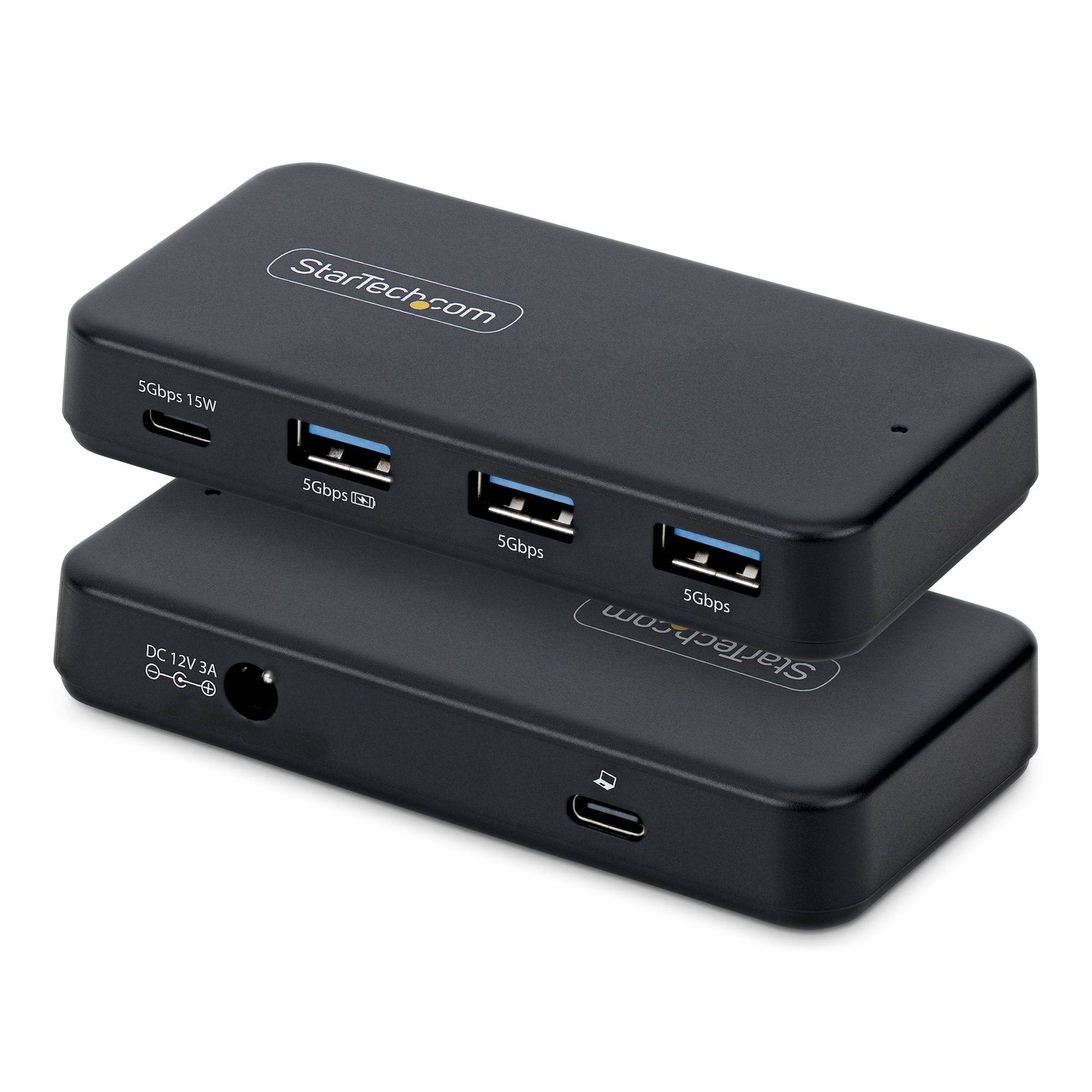 Zwei gestapelte schwarze StarTech.com USB-C-Dockingstationen mit mehreren USB-Anschlüssen und einer Stromeingabe auf weißem Hintergrund.