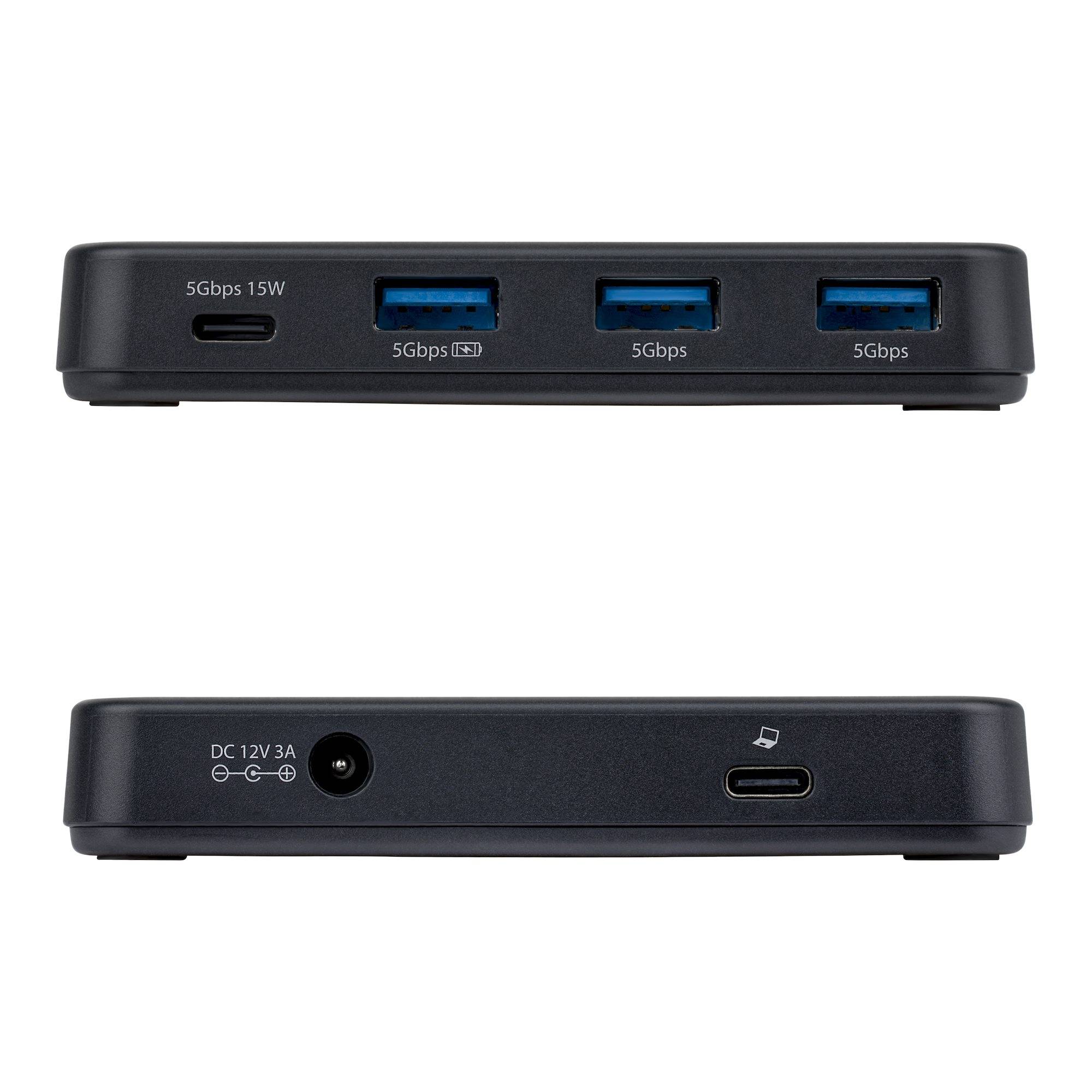 Schwarzer USB-Hub von vorne und hinten gezeigt, mit einem USB-C-Anschluss, drei USB-A 5Gbps-Anschlüssen und einem 12V-Gleichstrom-Eingang.