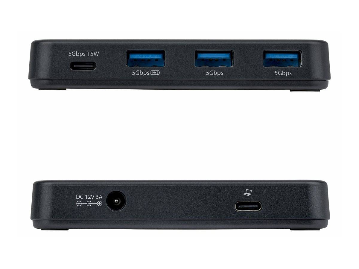Schwarzer USB-C-Hub von vorne und hinten gezeigt: Die Vorderseite verfügt über 4 Anschlüsse, einschließlich eines 5Gbps/15W USB-C und drei 5Gbps USB-A; Die Rückseite hat eine DC 12V 3A Stromeingang und einen weiteren USB-C-Anschluss.