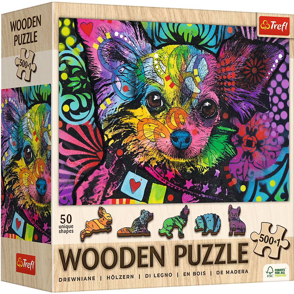 Trefl, Wood Craft, Bunter Welpe, 500+1 Teile Holzpuzzle
