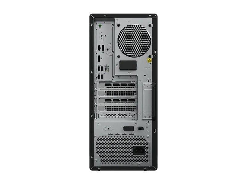 Rückansicht eines Desktop-Computer-Towers mit Rückseitenanschlüssen, Erweiterungssteckplätzen, Kühlventilator, Lüftungsöffnungen und Stromversorgungsbereich.