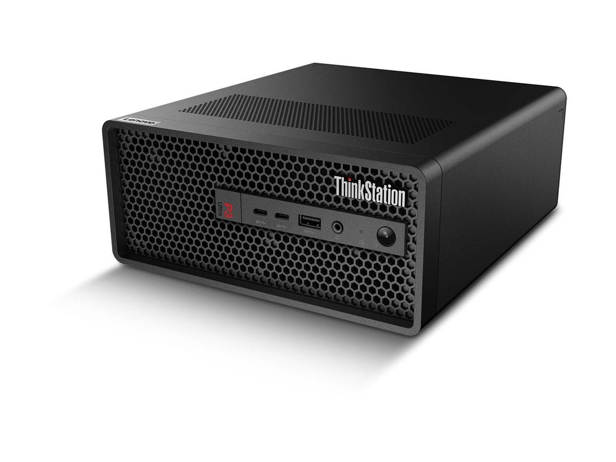 Ein schwarzer Lenovo ThinkStation Computer-Tower mit belüftetem Frontpanel, Power-Button und vorne angebrachten USB-Anschlüssen.