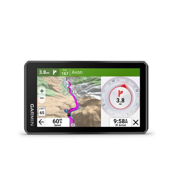 Garmin GPS-Navigationsbildschirm zeigt Route zu Avon, Ausfahrt 167, mit 3,8 Meilen verbleibend und Ankunft um 9:58 Uhr.