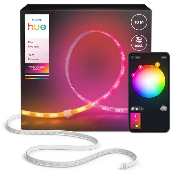 Philips Hue Flux 10m LED-Streifenlicht-Verlängerung mit App-Steuerung, auf der Verpackung dargestellt und als weißer Lichtstreifen mit mehrfarbigem Glanz.