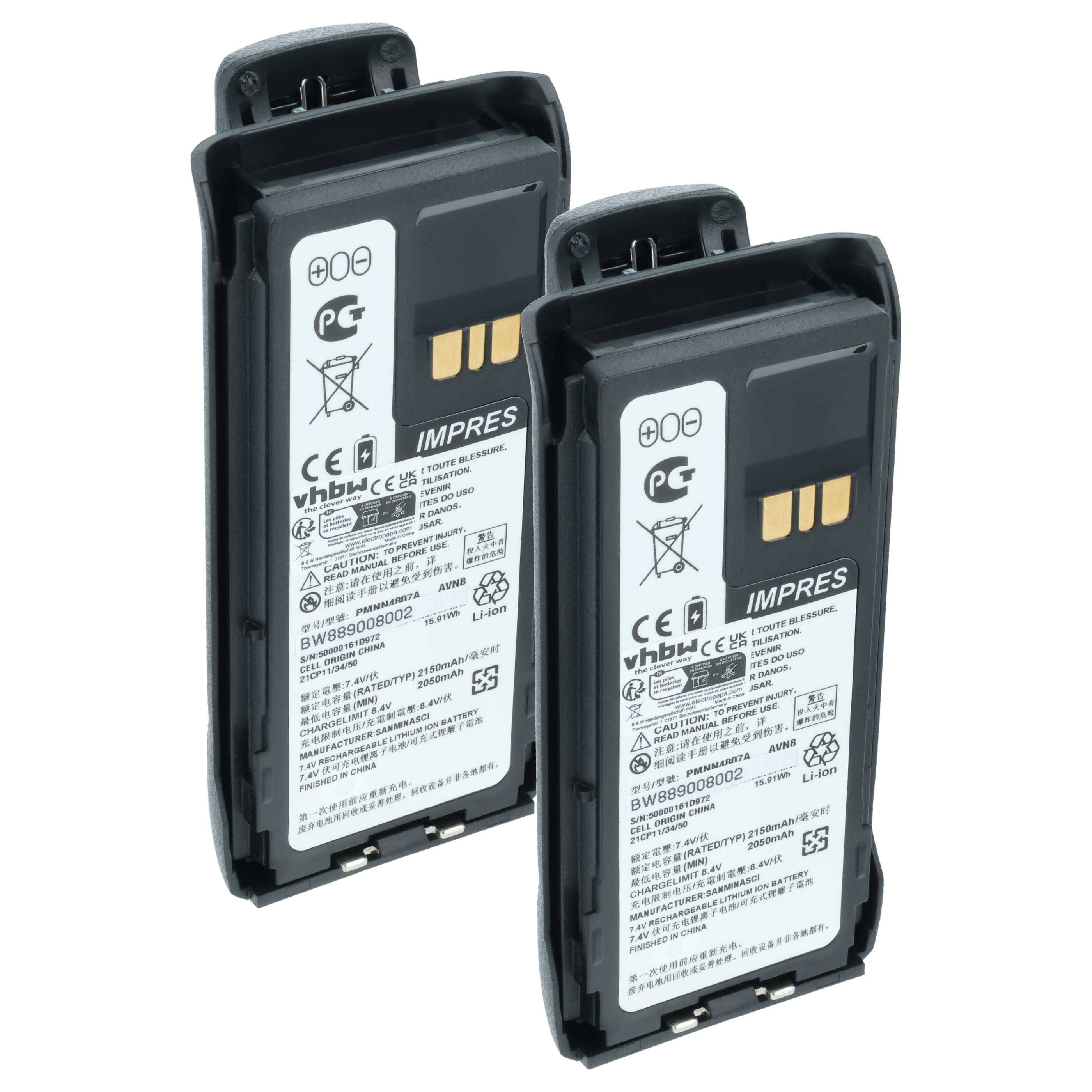 vhbw 2x Akku Ersatz für Motorola PMNN4807A, PMNN4808, PMNN4808A für Funkgerät, Walkie Talkie (2150 mAh, 8,4 V, Li-Ion) + Gürtelclip