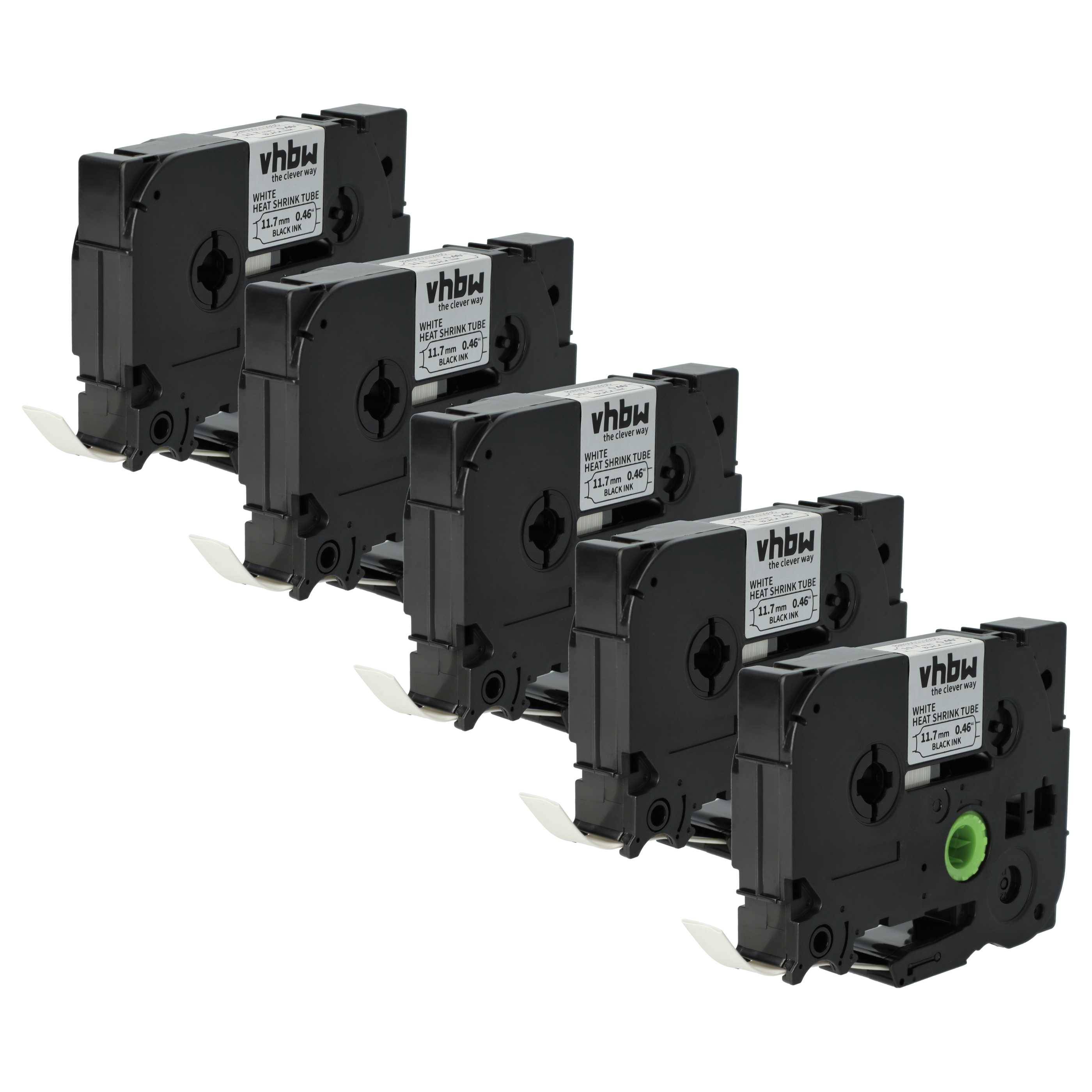 vhbw 5x Schriftband-Kassette kompatibel mit Brother P-Touch PT-E500 Etiketten-Drucker 1,5m x 11,7mm Schwarz auf Weiß, Schrumpfschlauch-Kassette