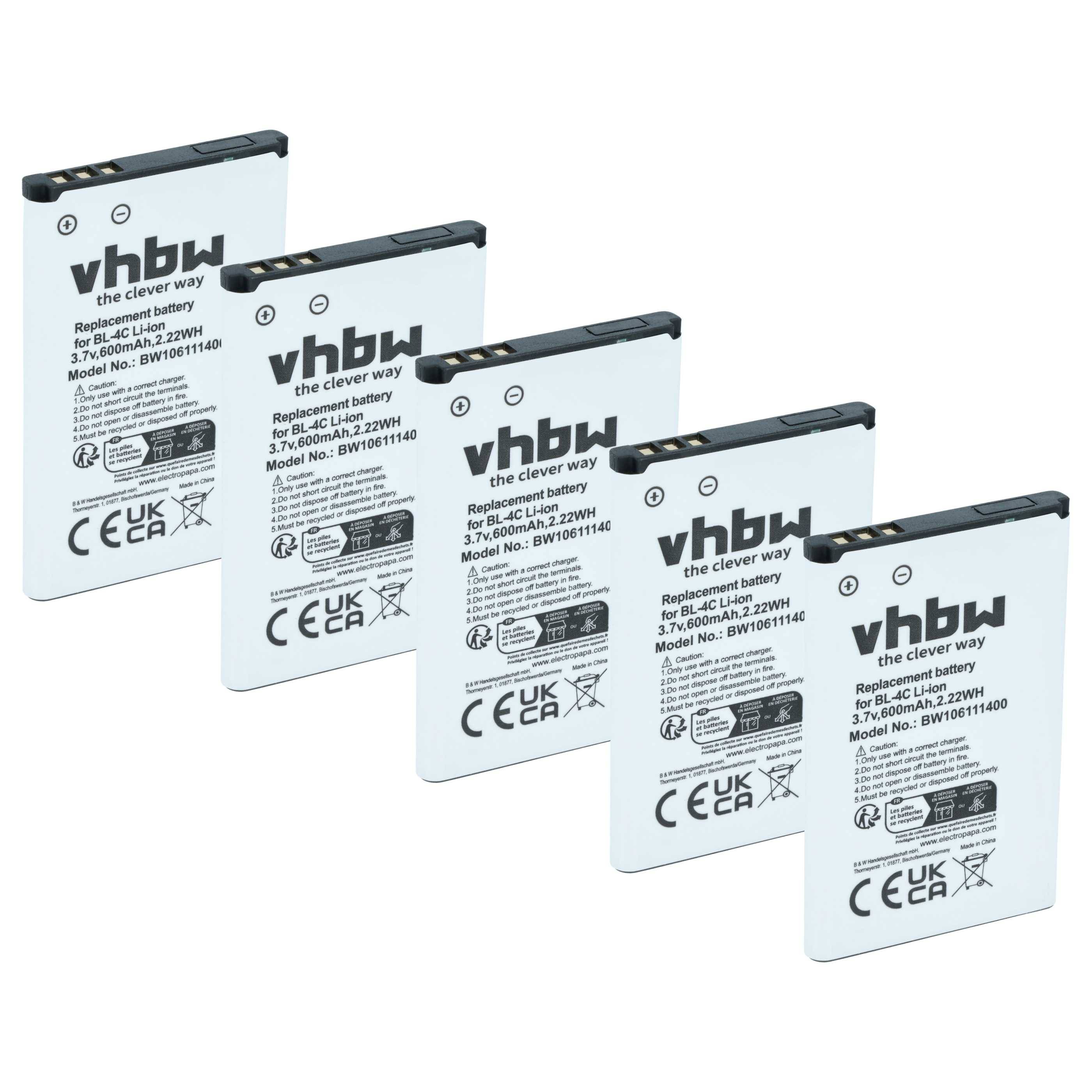 vhbw 5x Akku kompatibel mit Nokia 6126, 6102i, 6230, 6133, 6125, 6103, 6136, 6131, 6170, 6230i Handy Smartphone Telefon (600 mAh, 3,7 V, Li-Ion)