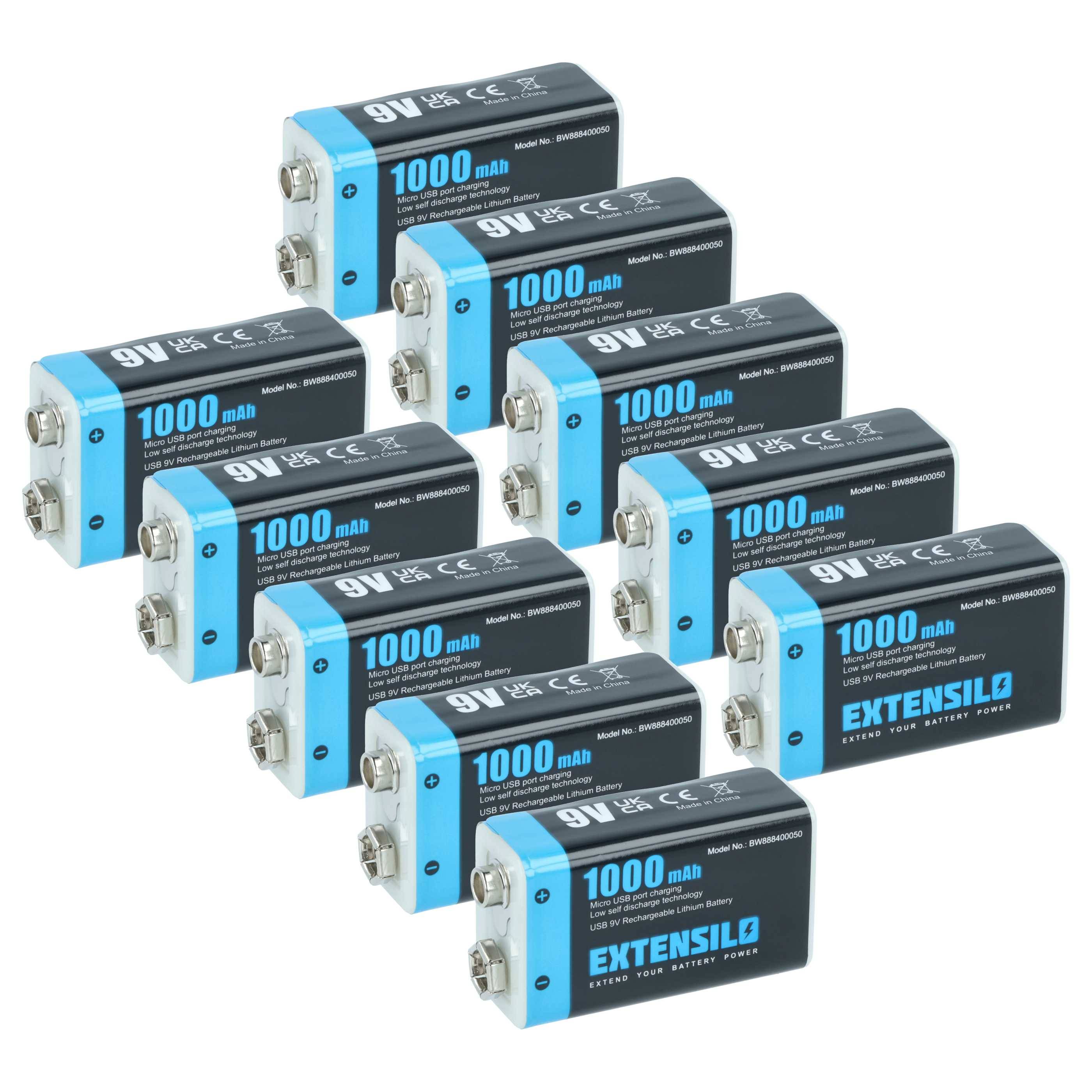 EXTENSILO 10x 9V-Akku Block kompatibel mit Daitem DC270, DC271, D21, DC272 (1 Ah, 9 V, Li-Ion), ready-to-use, mit Micro USB Buchse