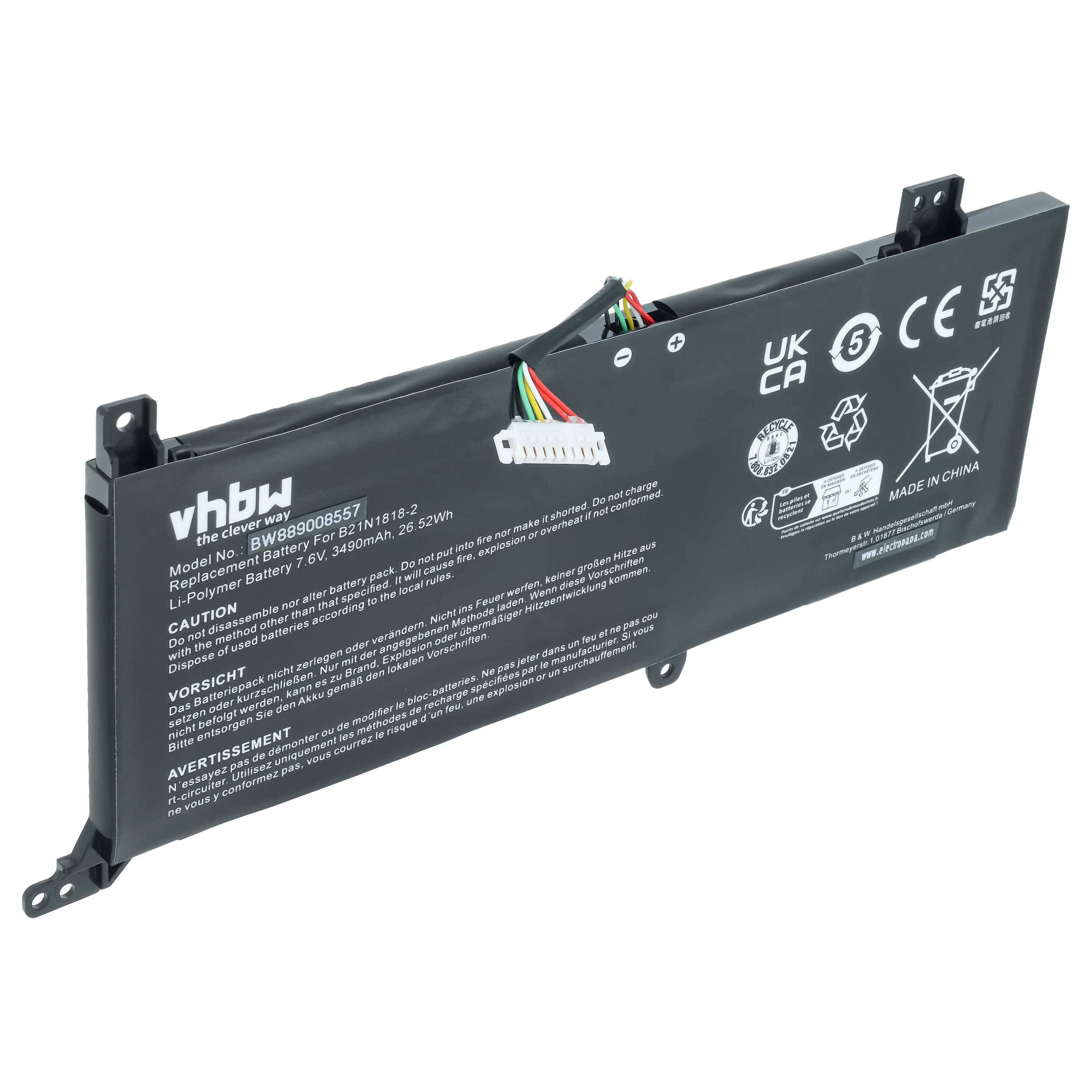 vhbw Akku kompatibel mit Asus VivoBook 15 X509, 14 X412DA, X412F, X412FA, X412FJ, X509 FA Notebook (3490 mAh, 7,6 V, Li-Polymer)