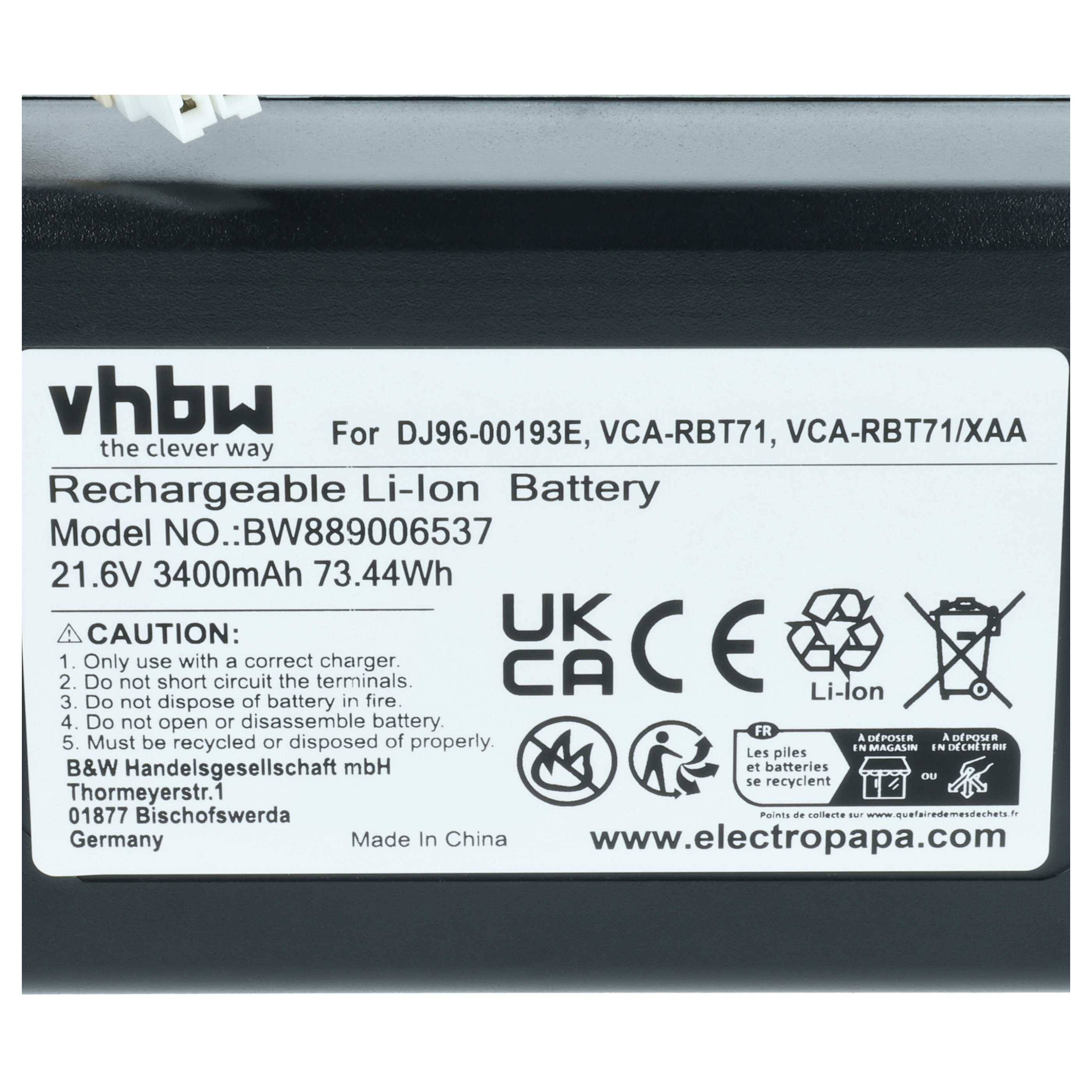 vhbw Akku kompatibel mit Samsung Powerbot VR2AK9350WK, VR1AM7040WG/AA, VR1AM7040WG / AA Saugroboter (3,4 Ah, 21,6 V, Li-Ion)