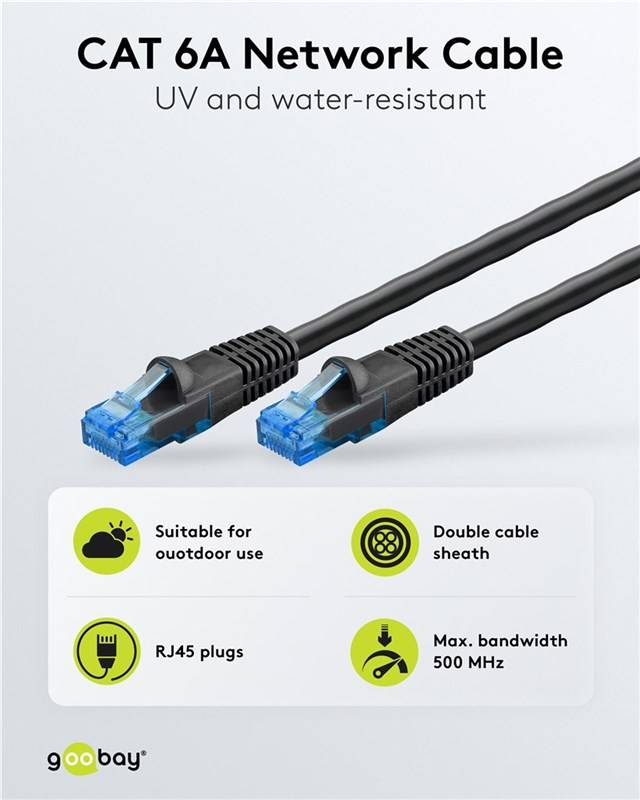 20x Goobay 55432 CAT 6A Outdoor-Patchkabel, U/UTP, schwarz, 10 m - Kupferleiter (CU), 2-fach Außenmantel (PE)