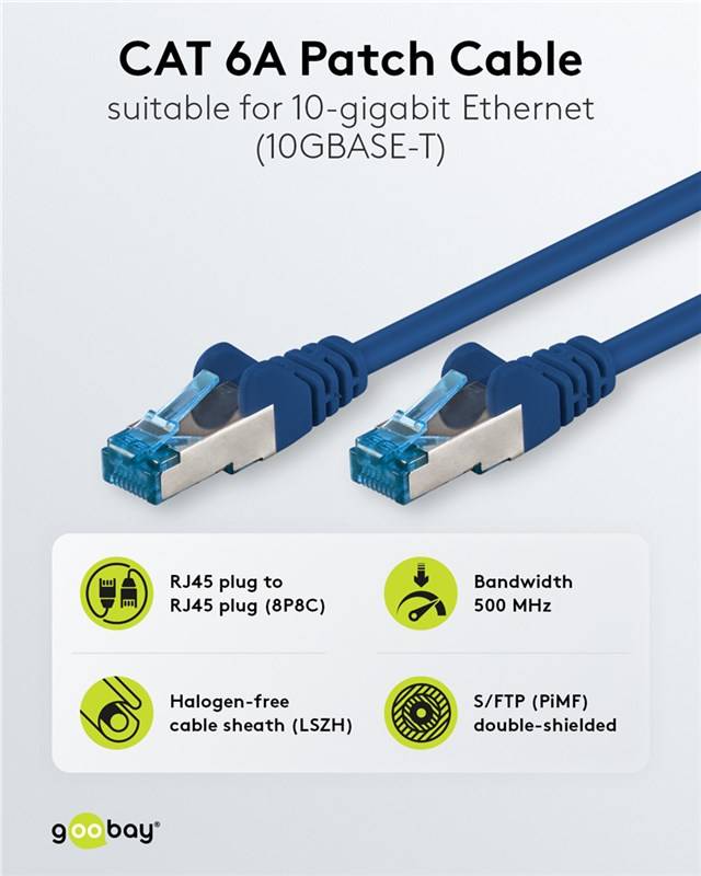 10x Goobay 93738 CAT 6A Patchkabel, S/FTP (PiMF), blau, 2 m - Kupferleiter (CU), halogenfreier Kabelmantel (LSZH)