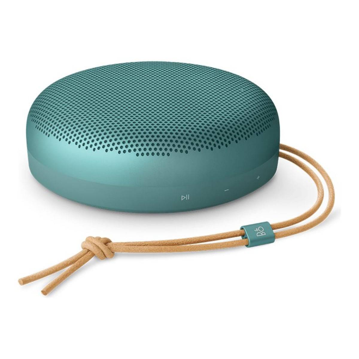 Ein kompakter, runder, blaugrüner Bluetooth-Lautsprecher mit einem perforierten Gitter und einem beigen Lederriemen, der ein minimalistisches Design zeigt.
