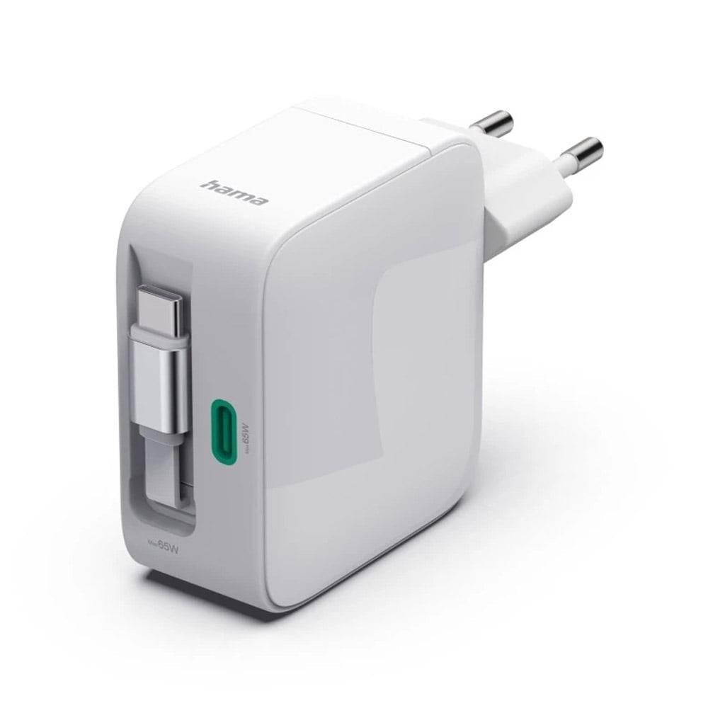 Hama Schnellladegerät, GaN, 2x USB-C, ausziehbares Ladekabel, PD, 65 Watt, Weiss