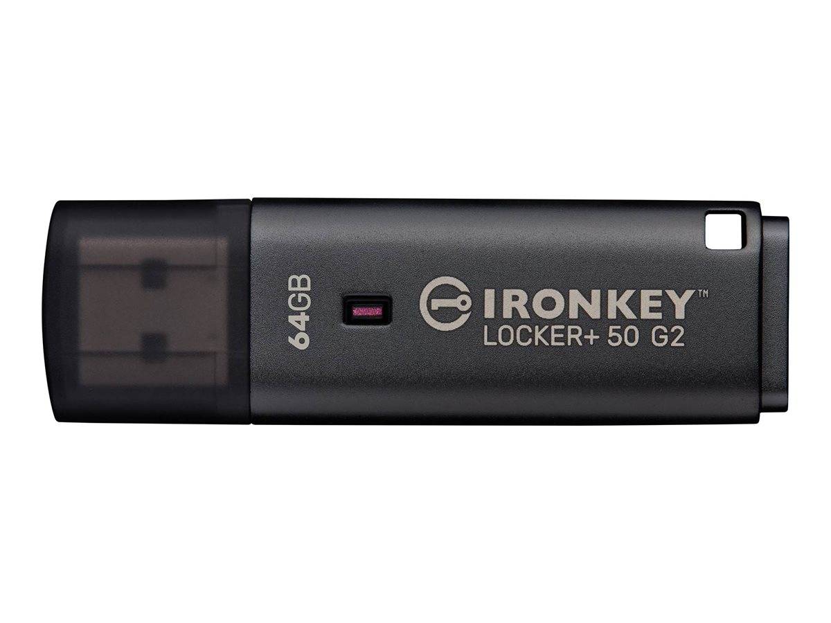 Schwarzer IronKey Locker+ 50 G2 64GB USB-Stick auf weißem Hintergrund.