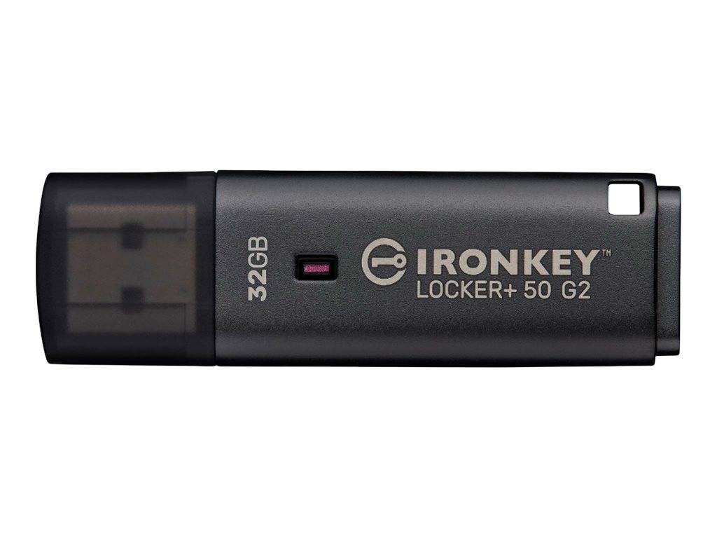 Schwarzer IronKey Locker+ 50 G2 32GB USB-Stick auf weißem Hintergrund.