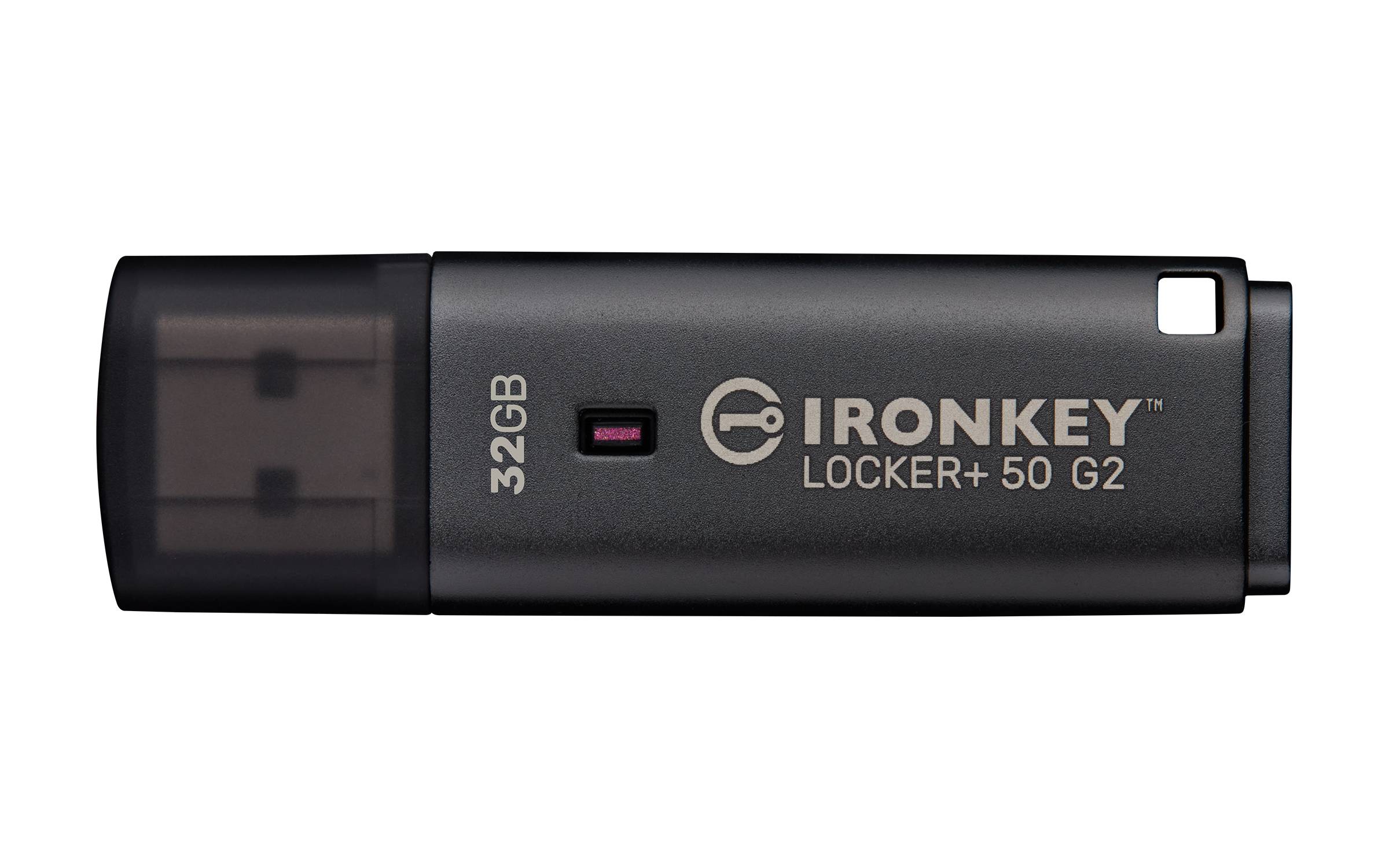 Schwarzes USB-Flash-Laufwerk mit der Bezeichnung „IRONKEY Locker+ 50 G2