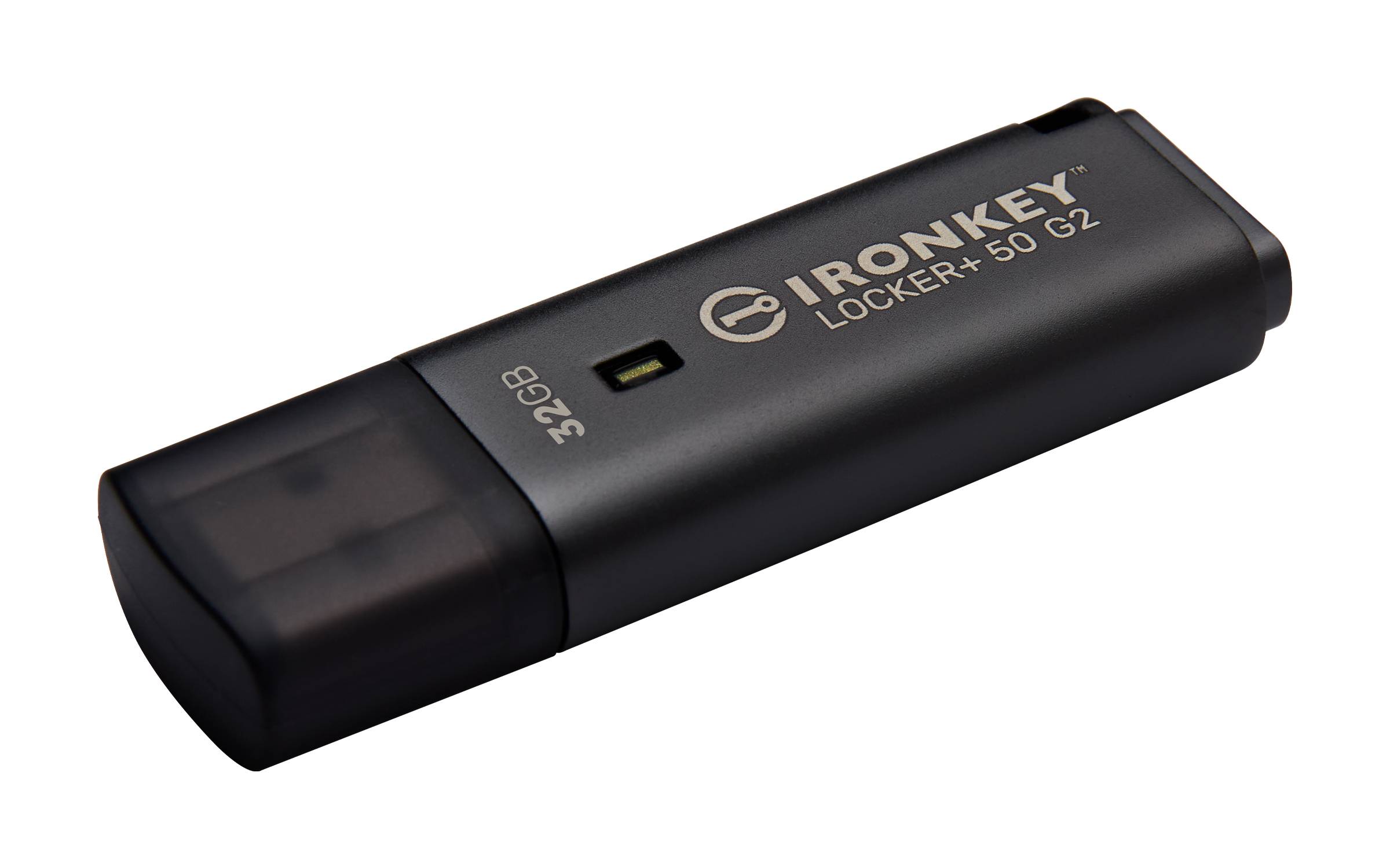 Black IronKey Locker+ 50 G2 USB-Flash-Laufwerk mit Schutzkappe, auf weißem Hintergrund abgebildet.