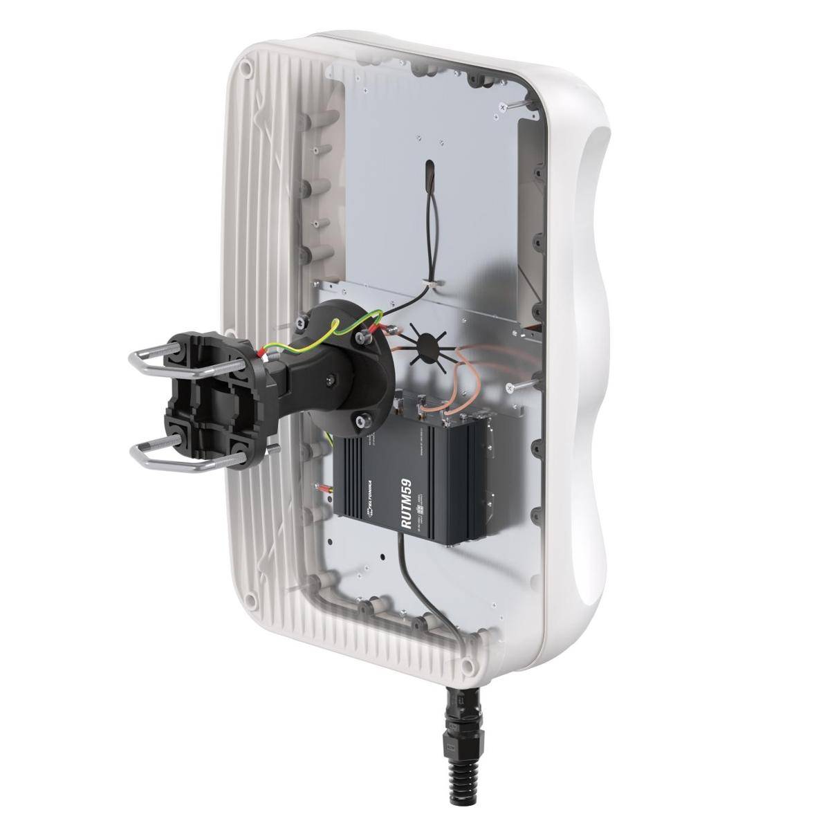 Wandmontiertes elektronisches Gerät mit offener Gehäusekonstruktion, das interne Verdrahtung, Leiterplatte, Batterie und Frontspannmechanismus zeigt.
