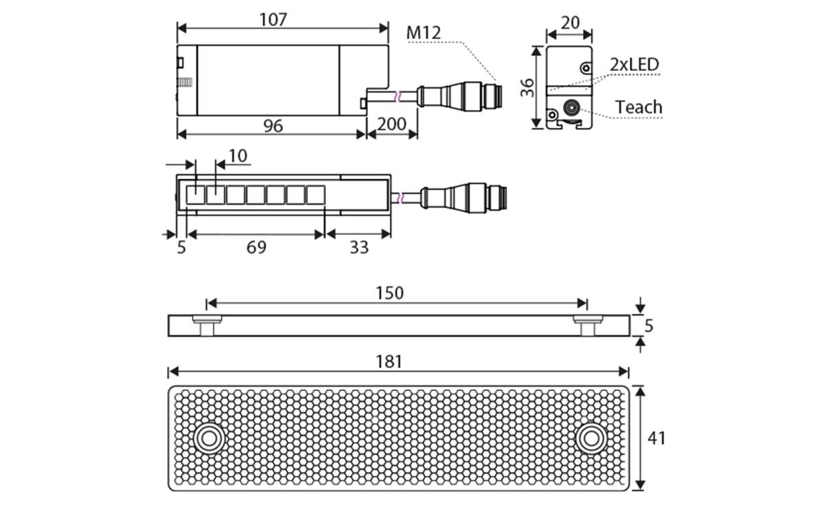 Lichtgitter M12 69 mm Rotlicht Reflexionslichtschranke IO-Link IP67 - AO501 - autosen