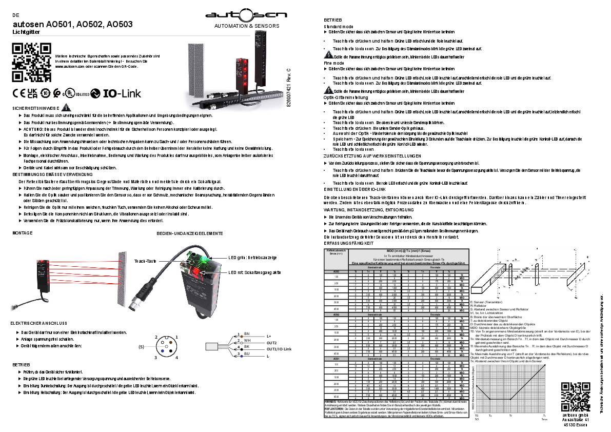 Lichtgitter M12 69 mm Rotlicht Reflexionslichtschranke IO-Link IP67 - AO501 - autosen