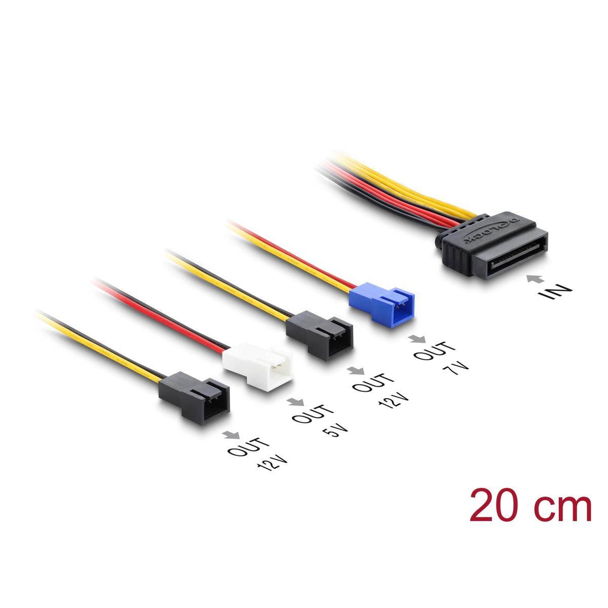 80656 - Delock Stromversorgungskabel SATA 15 Pin Stecker zu 4 x 2 Pin Lüfter (12 V / 7 V / 5 V) 20 cm