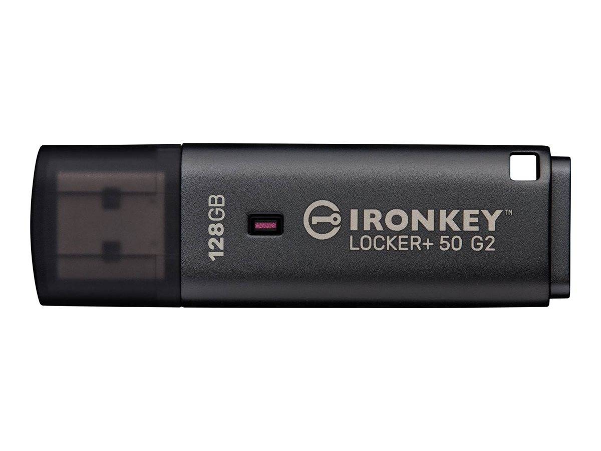 Black IronKey Locker+ 50 G2 128GB USB-Speicherstick auf weißem Hintergrund.