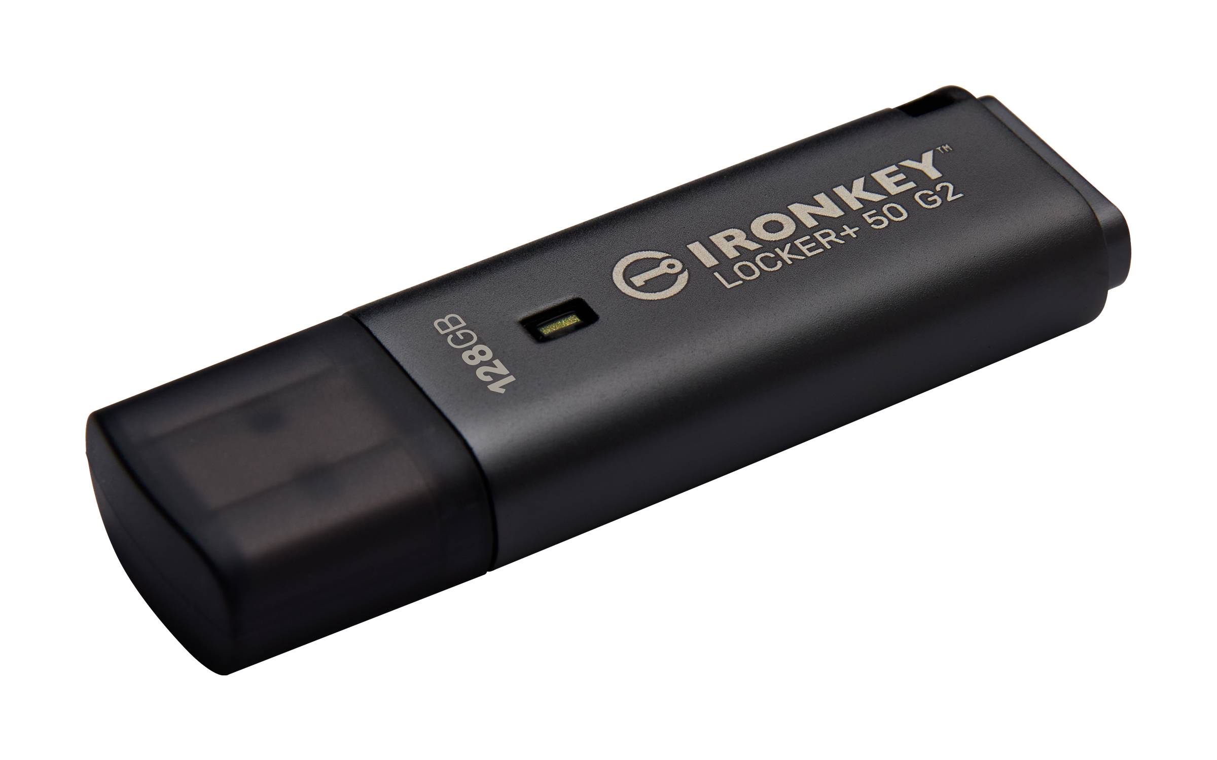 Black IronKey Locker+ 50 G2 USB-Stick in Schrägansicht auf weißem Hintergrund.