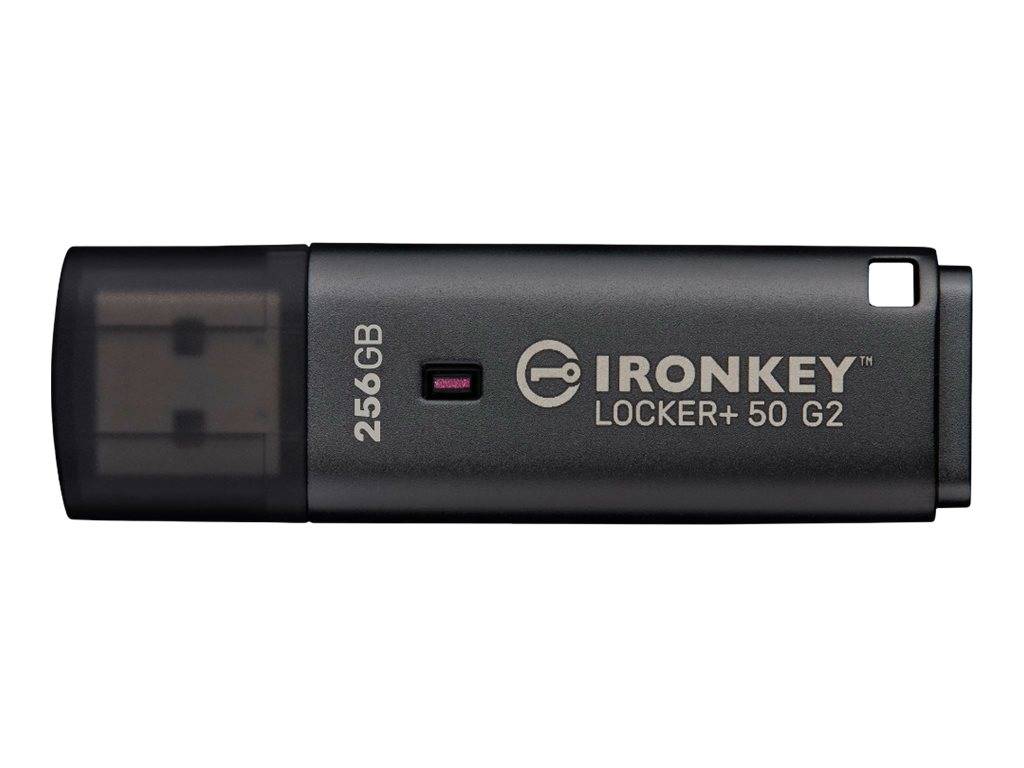 Black IronKey Locker+ 50 G2 256GB USB-Speicherstick in Profilansicht auf weißem Hintergrund.